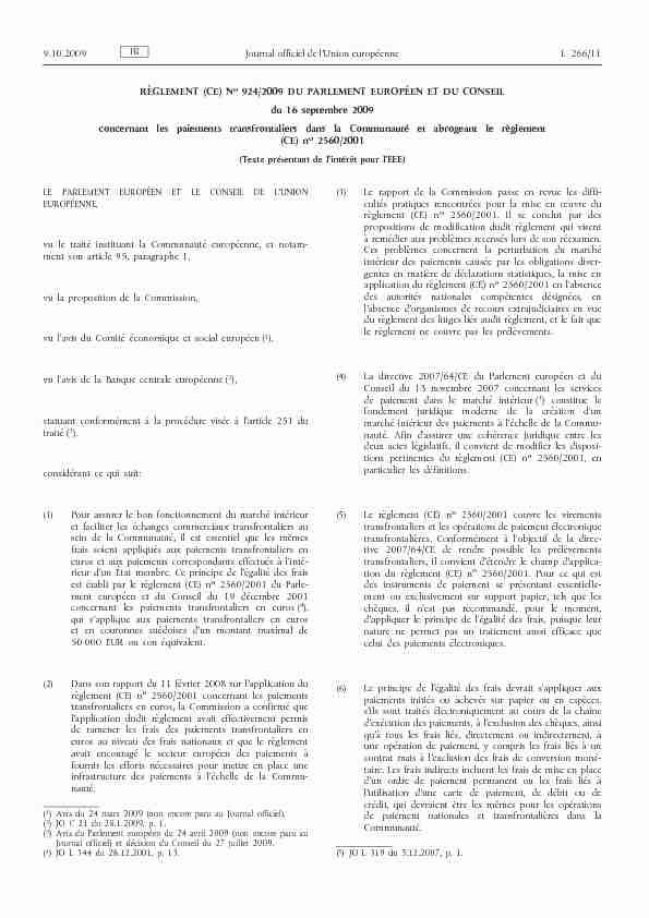 Règlement (CE) no 924/2009 du Parlement européen et du Conseil