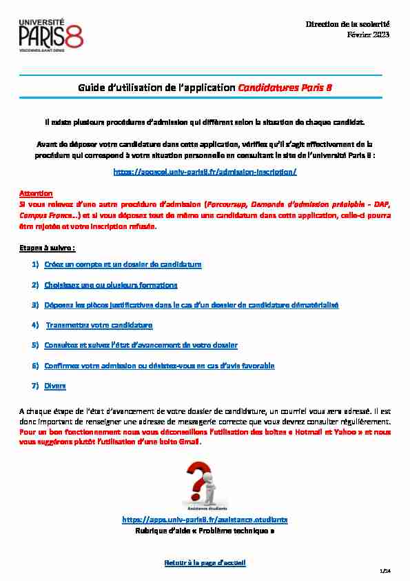 Guide dutilisation de lapplication Candidatures Paris 8