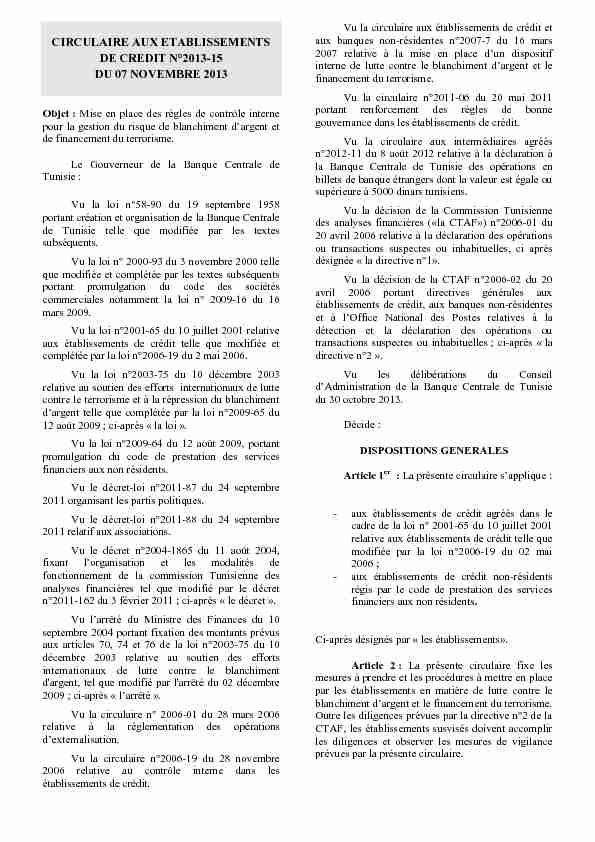 CIRCULAIRE AUX ETABLISSEMENTS DE CREDIT N°2013-15 DU