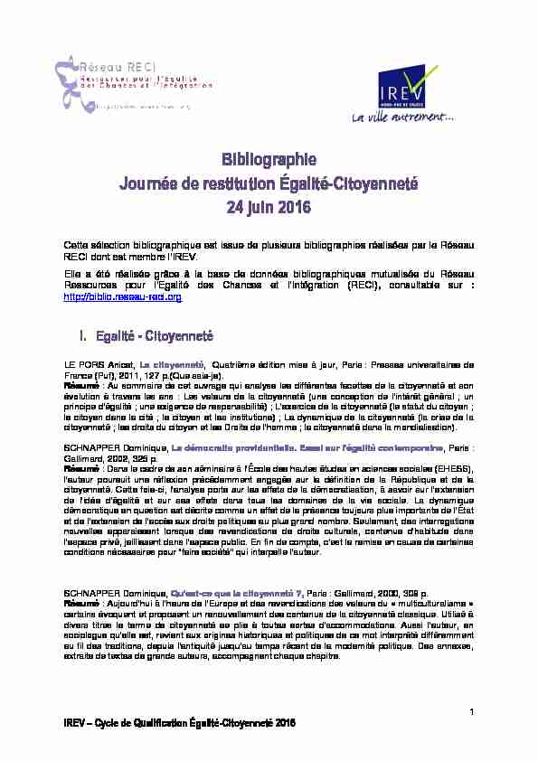 Bibliographie Journée de restitution Égalité-Citoyenneté 24 juin 2016