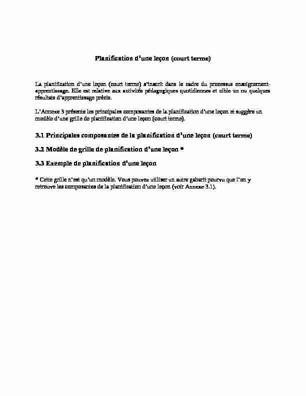 Planification dune leçon (court terme) 3.1 Principales composantes