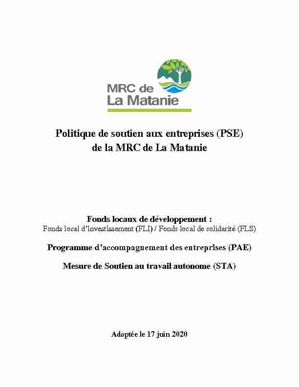 Politique de soutien aux entreprises (PSE) de la MRC de La Matanie