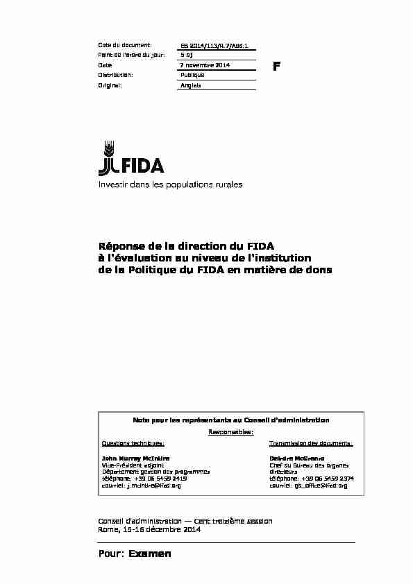 Pour: Examen Réponse de la direction du FIDA à lévaluation au
