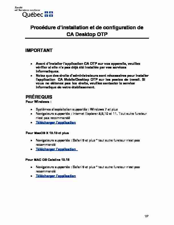 Procédure dinstallation configuration – CA Desktop OTP