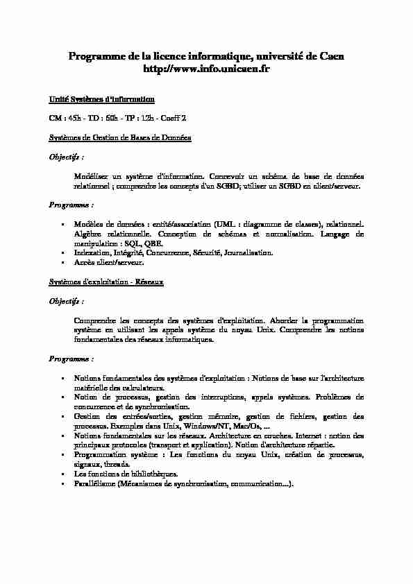 [PDF] Programme de la licence informatique, université de Caen http