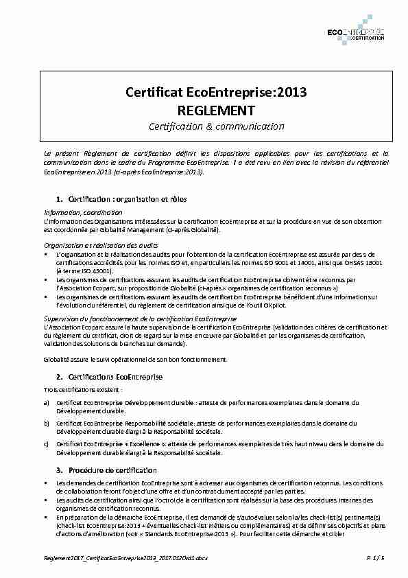 Certificat EcoEntreprise:2013 REGLEMENT - Certification