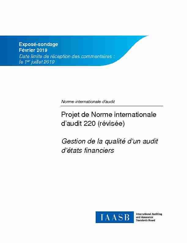 Projet de Norme internationale daudit 220 (révisée) Gestion de la