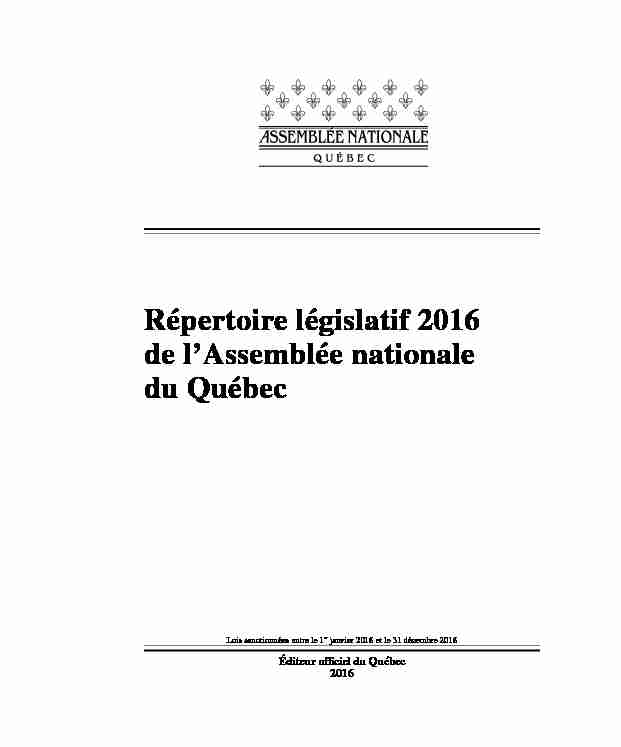 Répertoire législatif 2016 de lAssemblée nationale du Québec