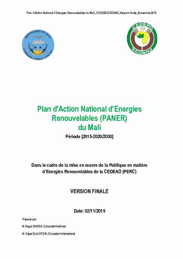 Plan dAction National dEnergies Renouvelables (PANER) du Mali