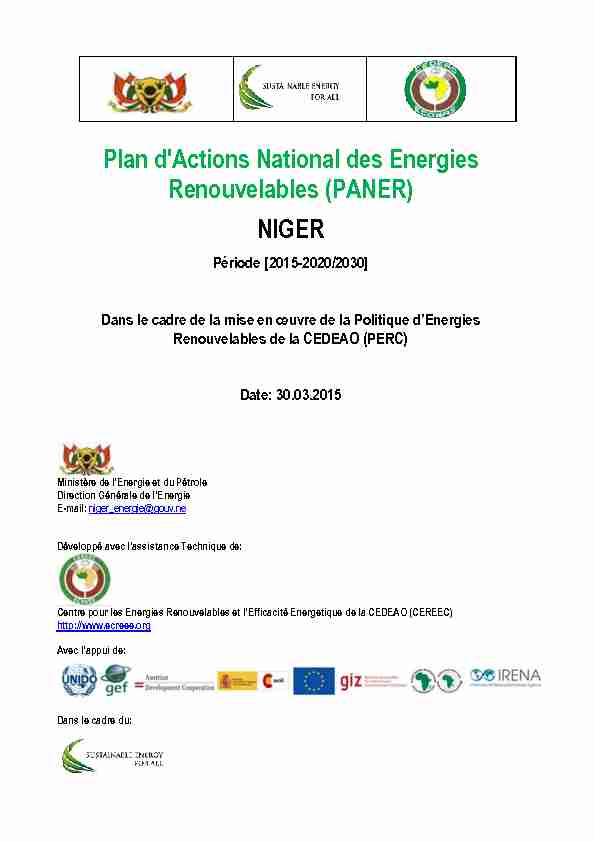 Plan dActions National des Energies Renouvelables (PANER) NIGER