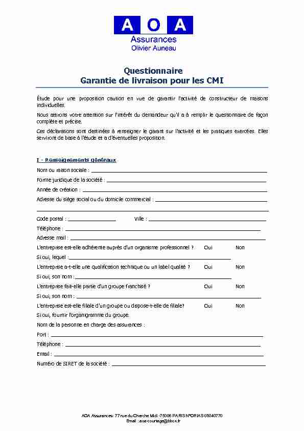 Questionnaire Garantie de livraison pour les CMI