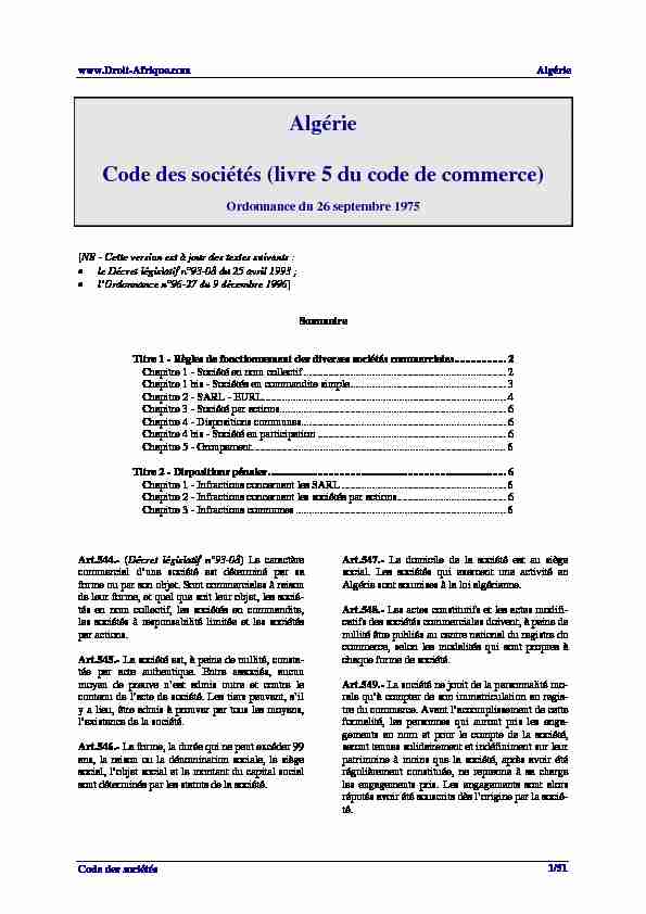Algérie Code des sociétés (livre 5 du code de commerce)