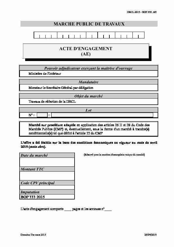 MARCHE PUBLIC DE TRAVAUX ACTE DENGAGEMENT (AE)