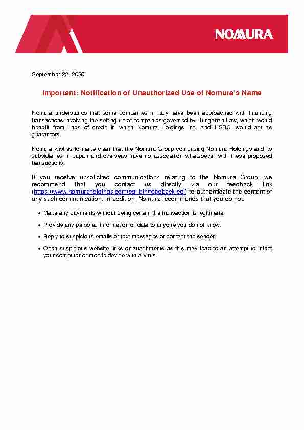 Information Nomura Holdings Important: Notification of Unauthorized