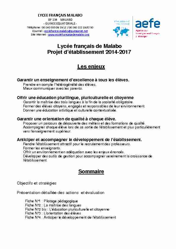 Lycée français de Malabo Projet détablissement 2014-2017 Les