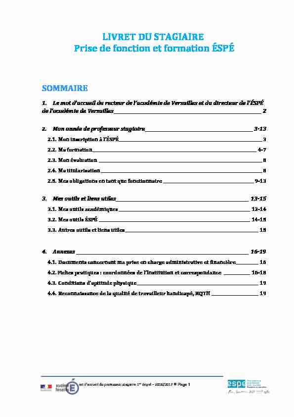 [PDF] LIVRET DU STAGIAIRE Prise de fonction et formation ÉSPÉ