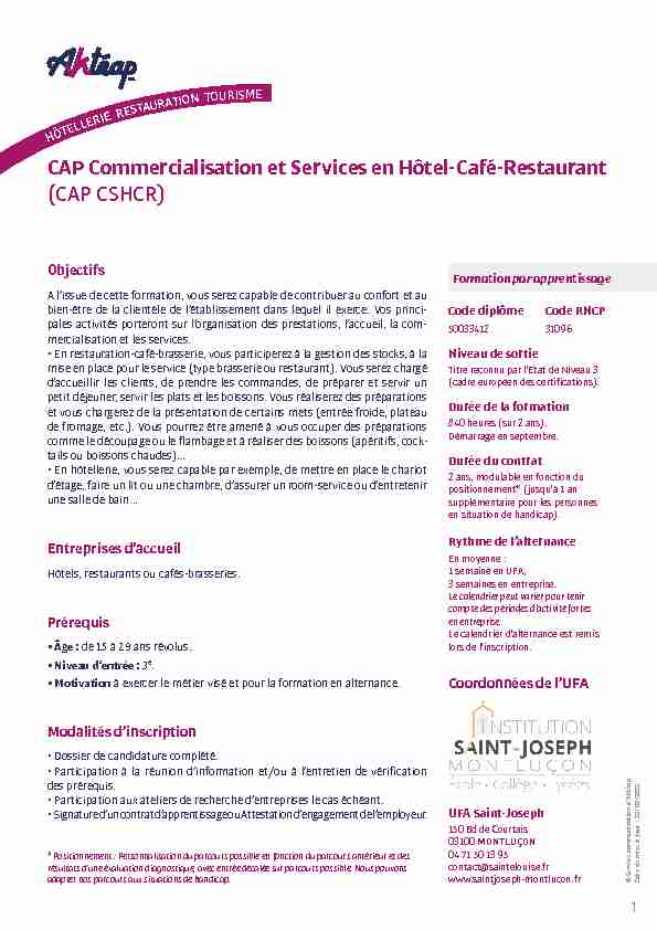 CAP Commercialisation et Services en Hôtel-Café-Restaurant (CAP