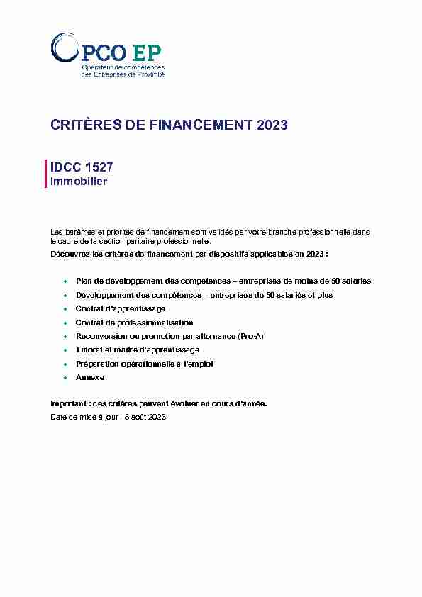 critères de financement 2022 - idcc 1527