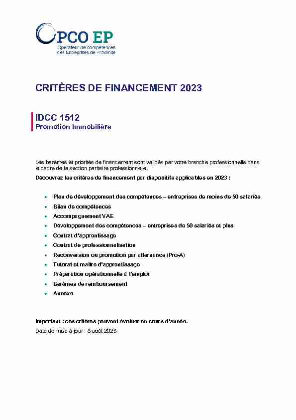 critères de financement 2022 - idcc 1512