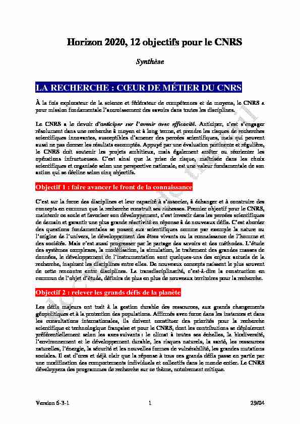 Horizon 2020 12 objectifs pour le CNRS