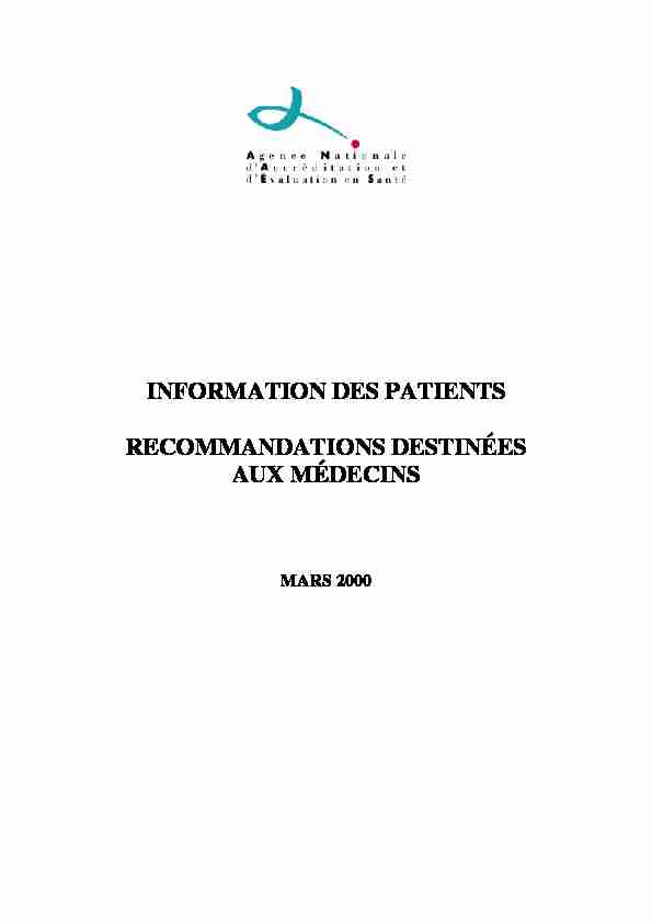 [PDF] INFORMATION DES PATIENTS RECOMMANDATIONS DESTINÉES