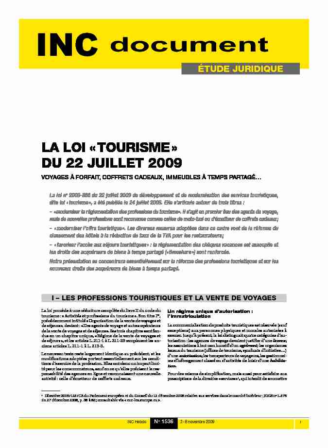 La loi du tourisme du 22 juillet 2009