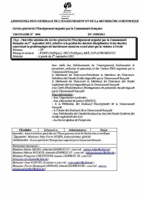 [PDF] ADMINISTRATION GENERALE DE LENSEIGNEMENT ET DE LA