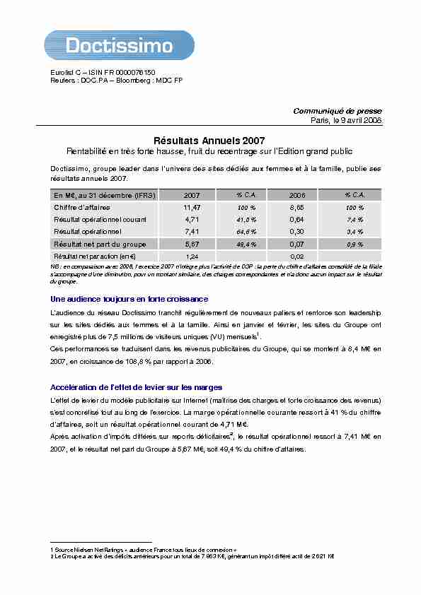 [PDF] Résultats Annuels 2007 - Medcost