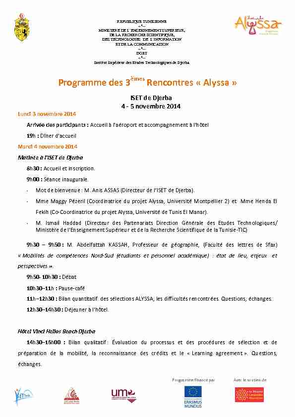 Programme des 3 Rencontres « Alyssa »