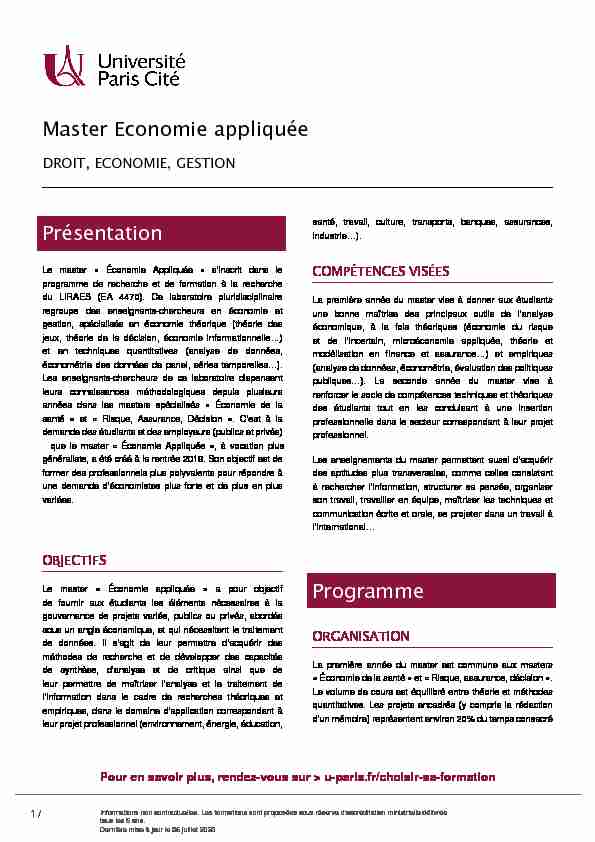 Master Economie appliquée Présentation Programme