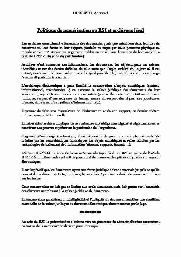 [PDF] Politique de numérisation au RSI et archivage légal - FranceArchives