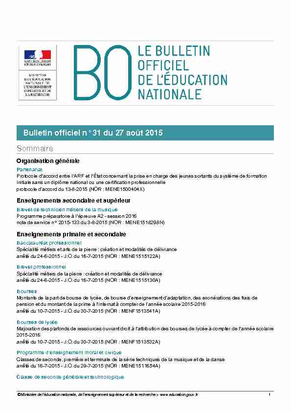 Bulletin officiel n°31 du 27 août 2015 Sommaire