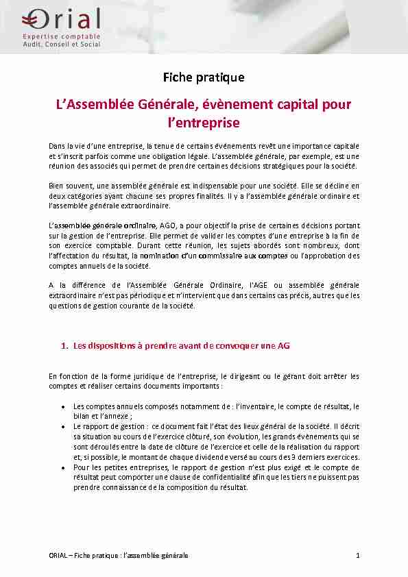 [PDF] LAssemblée Générale évènement capital pour lentreprise - Orial