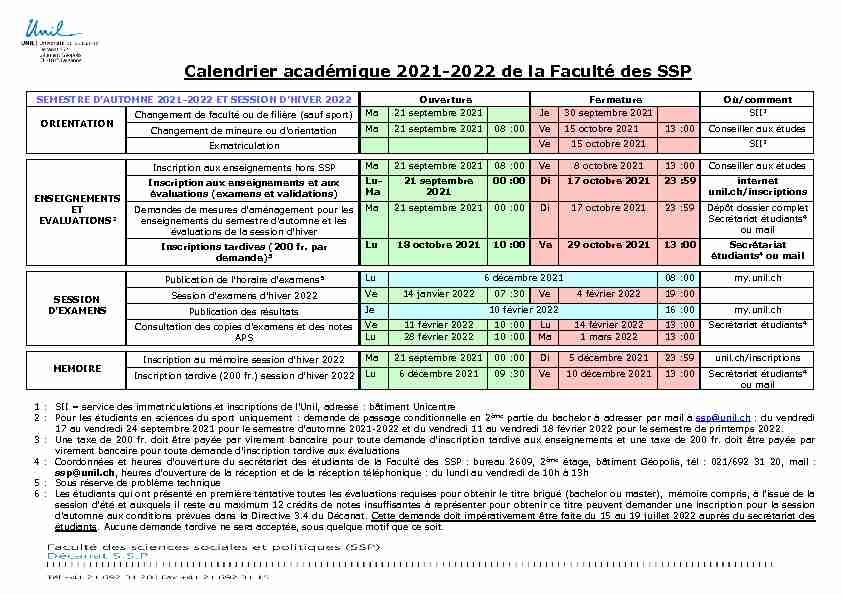 Calendrier académique 2021-2022 de la Faculté des SSP