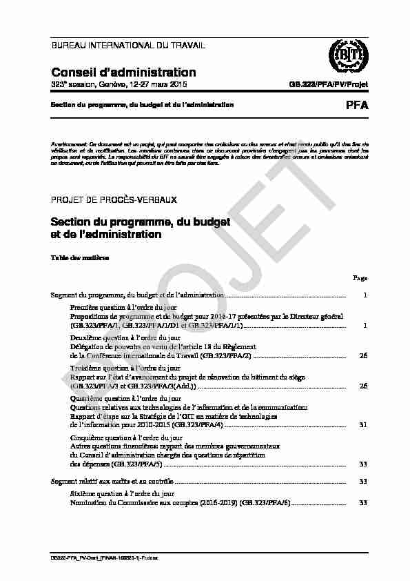 Projet de procès-verbaux - Section du programme du budget et de l