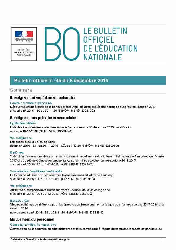 Bulletin officiel n°45 du 8 décembre 2016 Sommaire