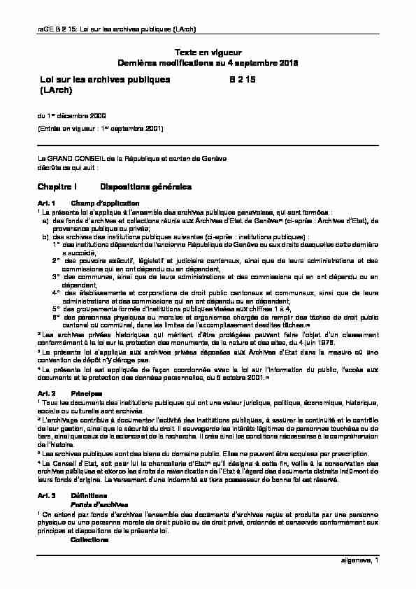 rsGE B 2 15: Loi sur les archives publiques (LArch) - Genève