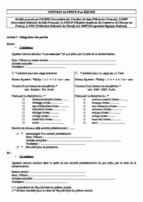 [PDF] CONTRAT de VENTE dun EQUIDE - France Complet