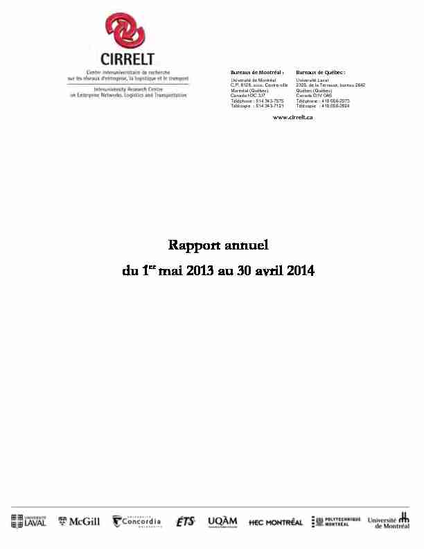Rapport annuel du 1er mai 2013 au 30 avril 2014