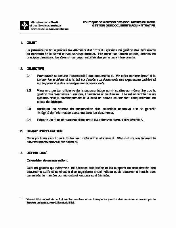 Ministère de la Santé POLITIQUE DE GESTION DES DOCUMENTS