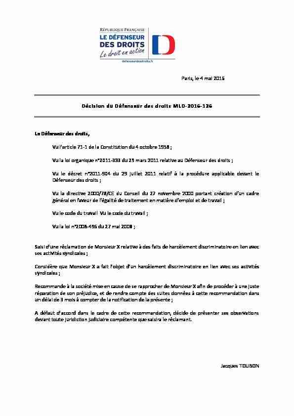 Paris le 4 mai 2016 Décision du Défenseur des droits MLD-2016