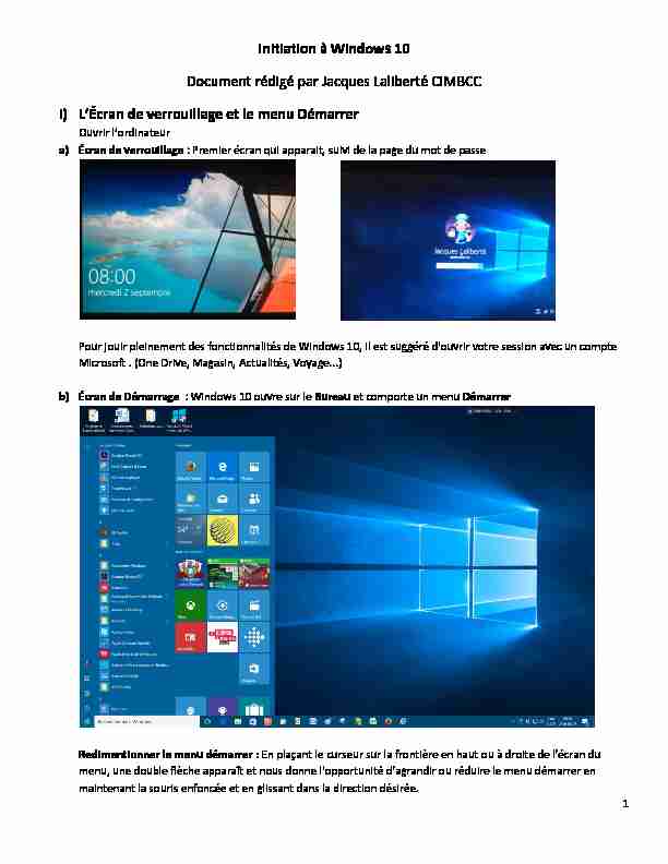 Initiation à Windows 10 Document rédigé par Jacques Laliberté