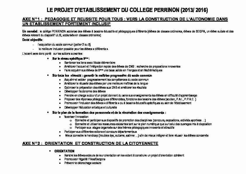 pdf LE PROJET D’ETABLISSEMENT DU COLLEGE PERRINON (2013/ 2016)