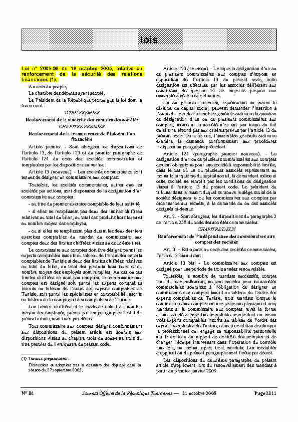 Tunisie - Loi n°2005-96 du 18 octobre 2005 relative au