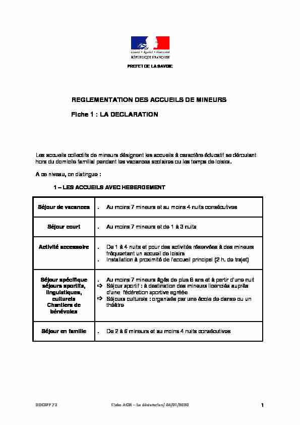 REGLEMENTATION DES ACCUEILS DE MINEURS Fiche 1 : LA