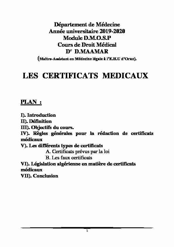 [PDF] LES CERTIFICATS MEDICAUX - Faculté de Médecine dOran