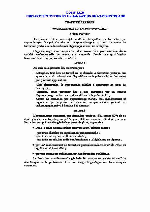 loi n° 12.00 portant institution et organisation de lapprentissage