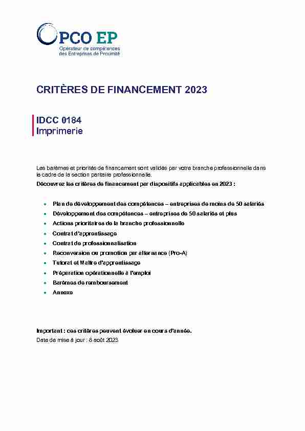 CRITÈRES DE FINANCEMENT 2022 - IDCC 0184 Imprimerie