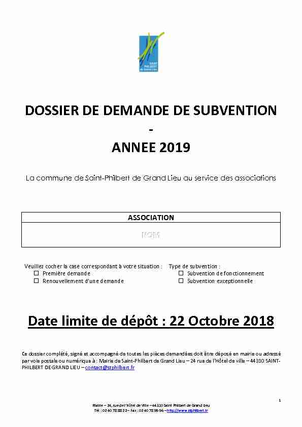 DOSSIER DE DEMANDE DE SUBVENTION - ANNEE 2019 Date