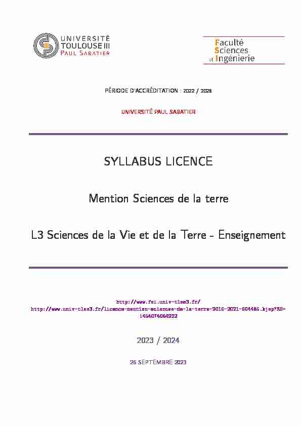 SYLLABUS LICENCE Mention Sciences de la terre L3 Sciences de